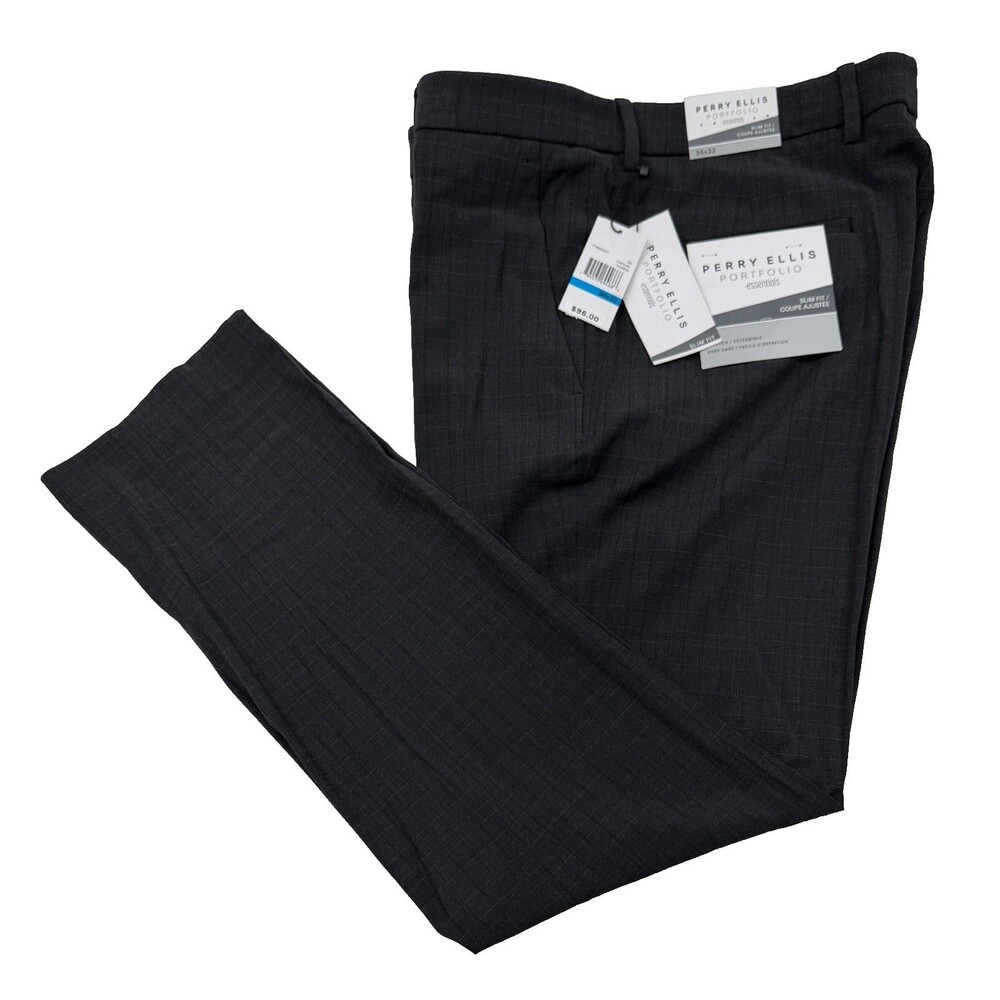 $95 NEW PERRY ELLIS PORTFOLIO MENS 36X32 CHARCOAL TROUSERS DRESS PANTS SLACKS